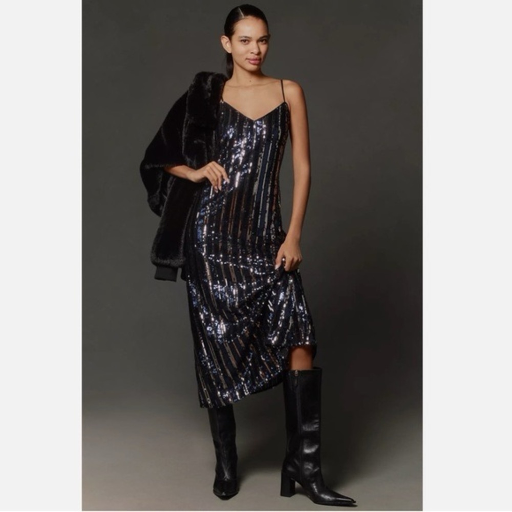 NWT Maeve by Anthropologie sequins black/navy blue dres  - Size Large